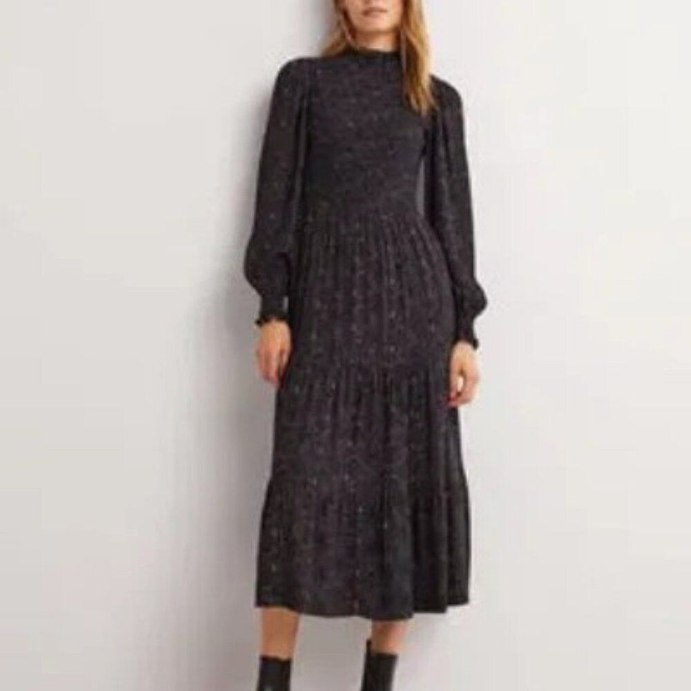 Boden Womens Smocked Tiered Midi Dress UK 16 US 12R Navy blue Floral D0306 NWT - Picture 1 of 13